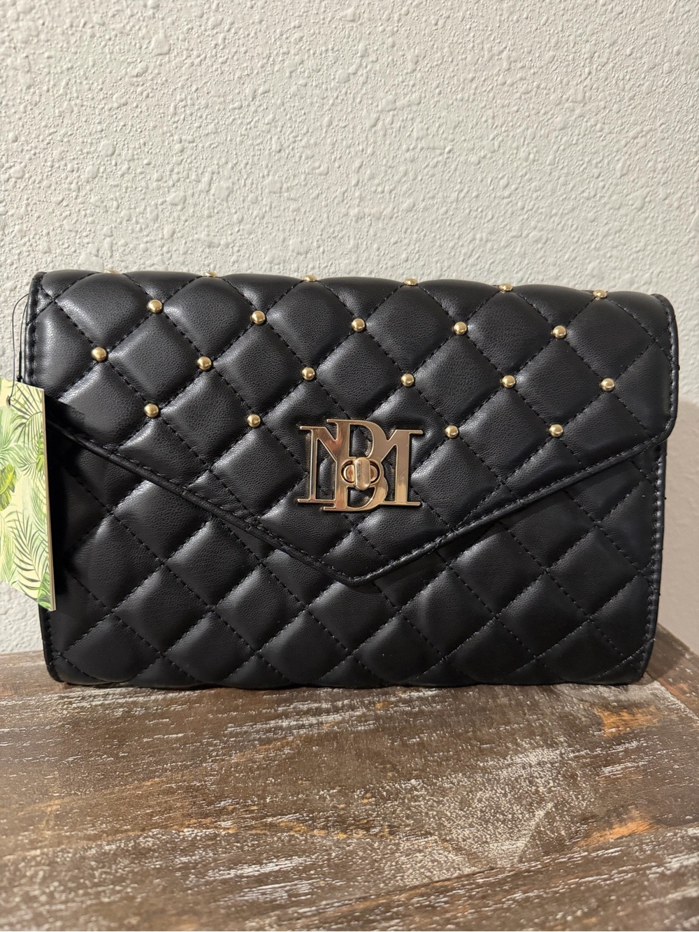 Badgley Mischka Black Quilted Clutch/Wallet with Gold Studs and Logo NWT